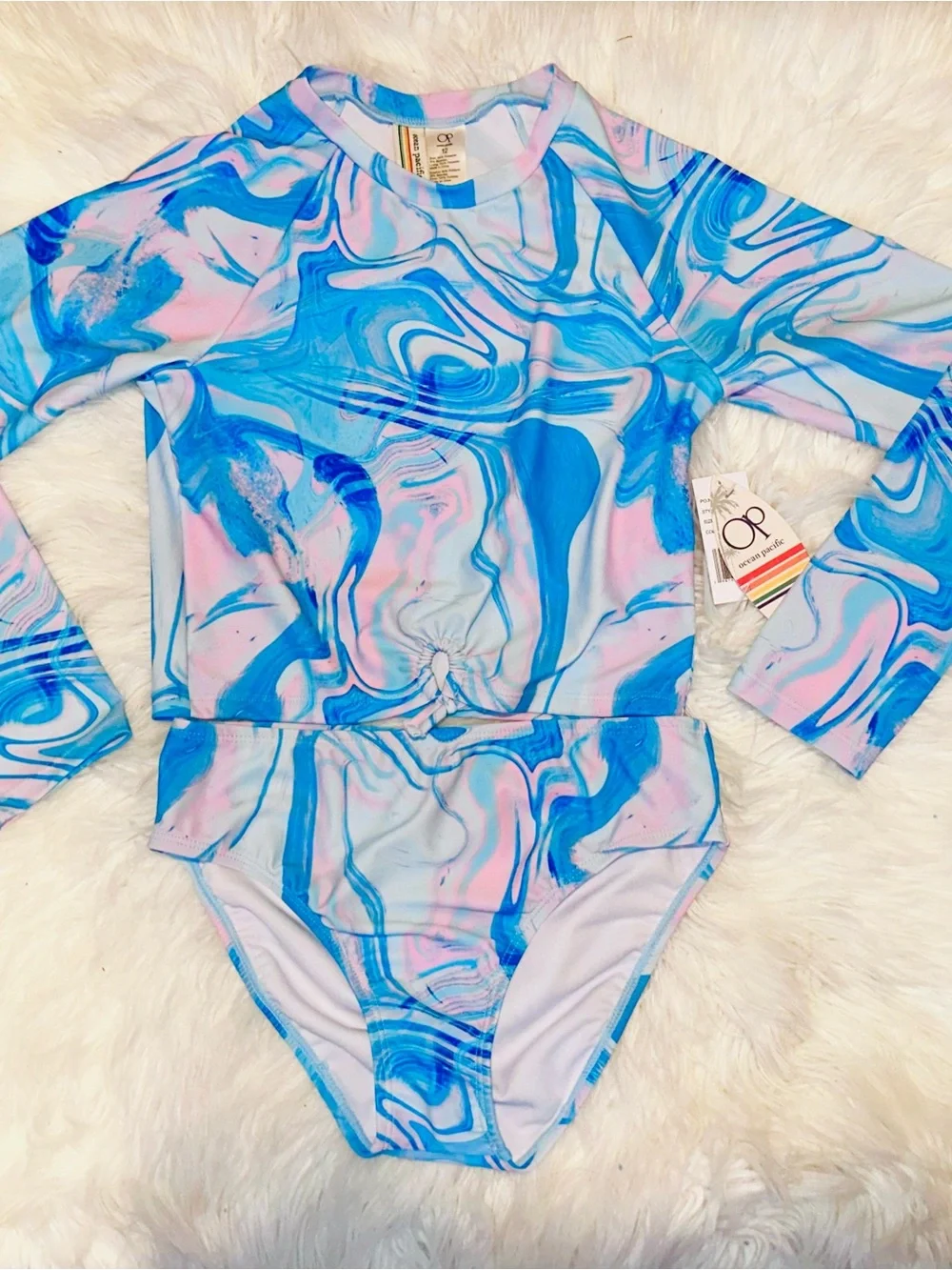 NEW Marble Swirl Long Sleeve Rash guard Swimsuit set - Blue & Pink Size 12